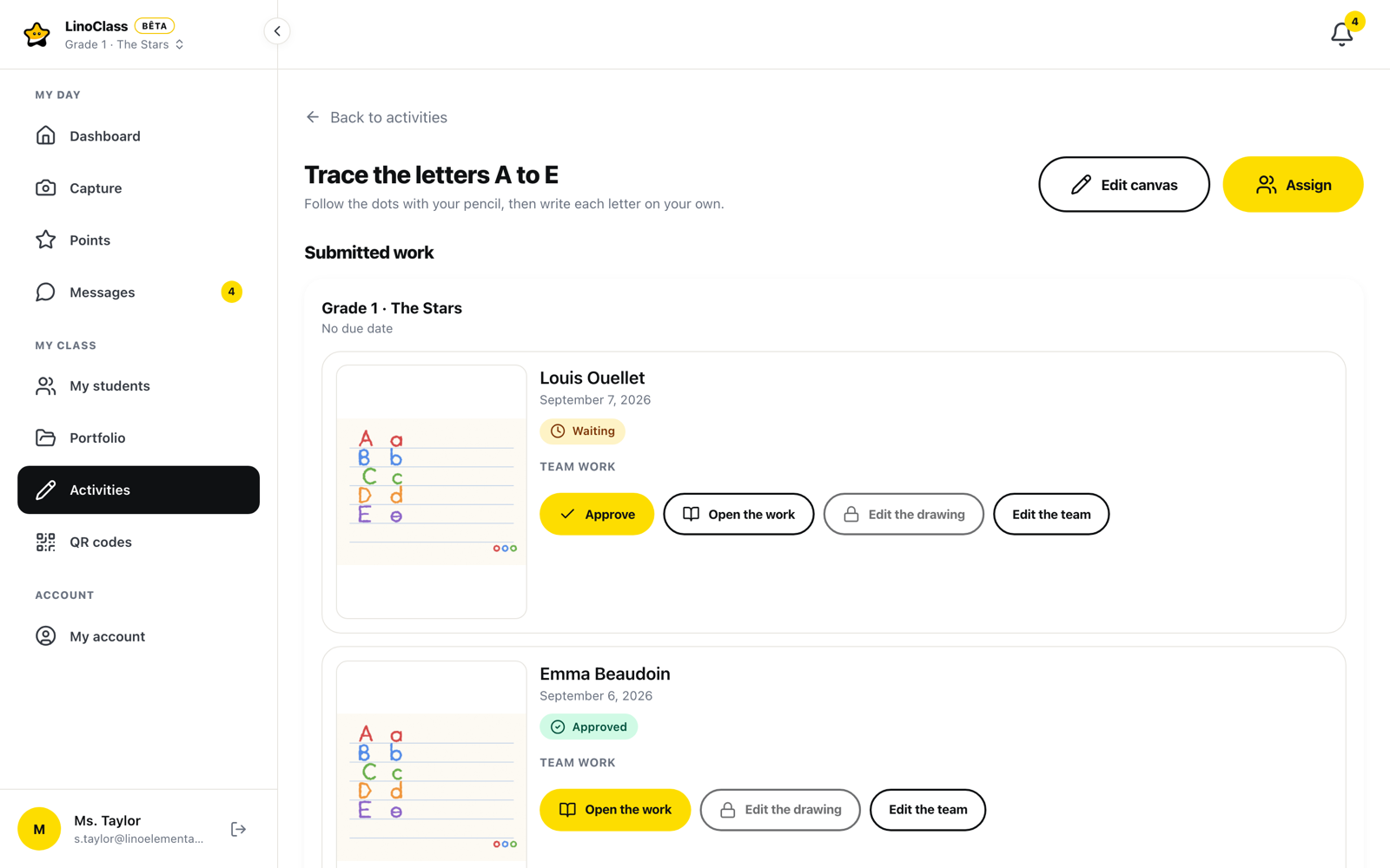 The submitted work list for an activity: the first piece is waiting and shows an Approve button, the second already carries the Approved badge.