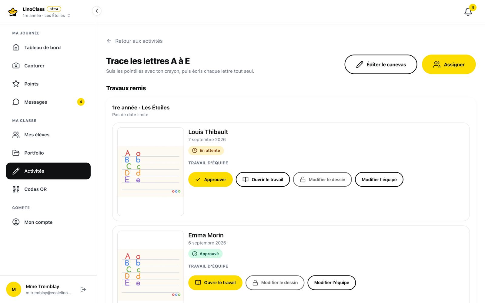 Liste des travaux remis d'une activité : le premier travail est en attente avec un bouton Approuver, le second porte déjà la pastille Approuvé.