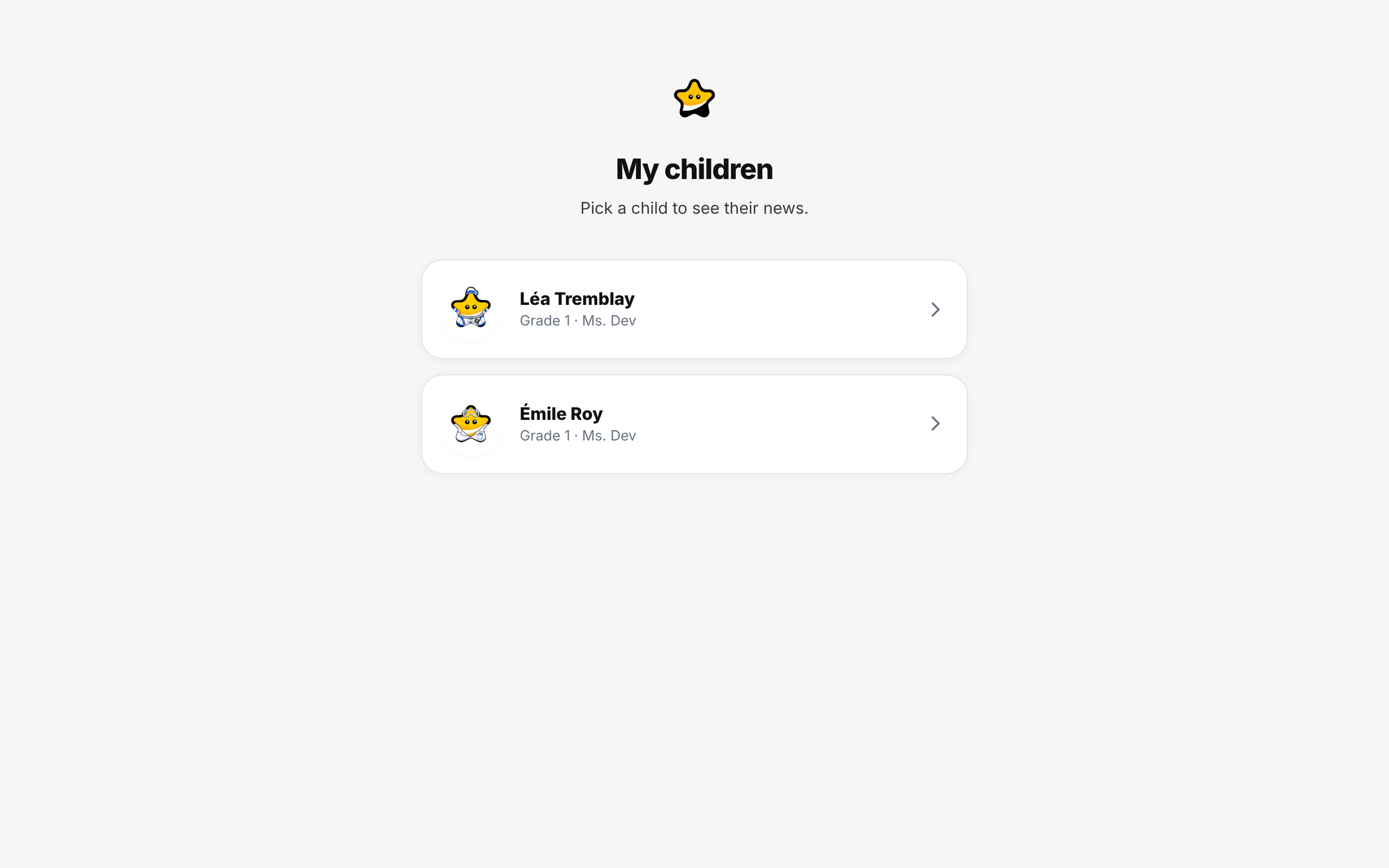 The "My children" page on a computer, under the line "Pick a child to see their news." Two rows, each with the child's avatar, name and class and an arrow on the right: Léa Tremblay and Émile Roy, both in Grade 1.