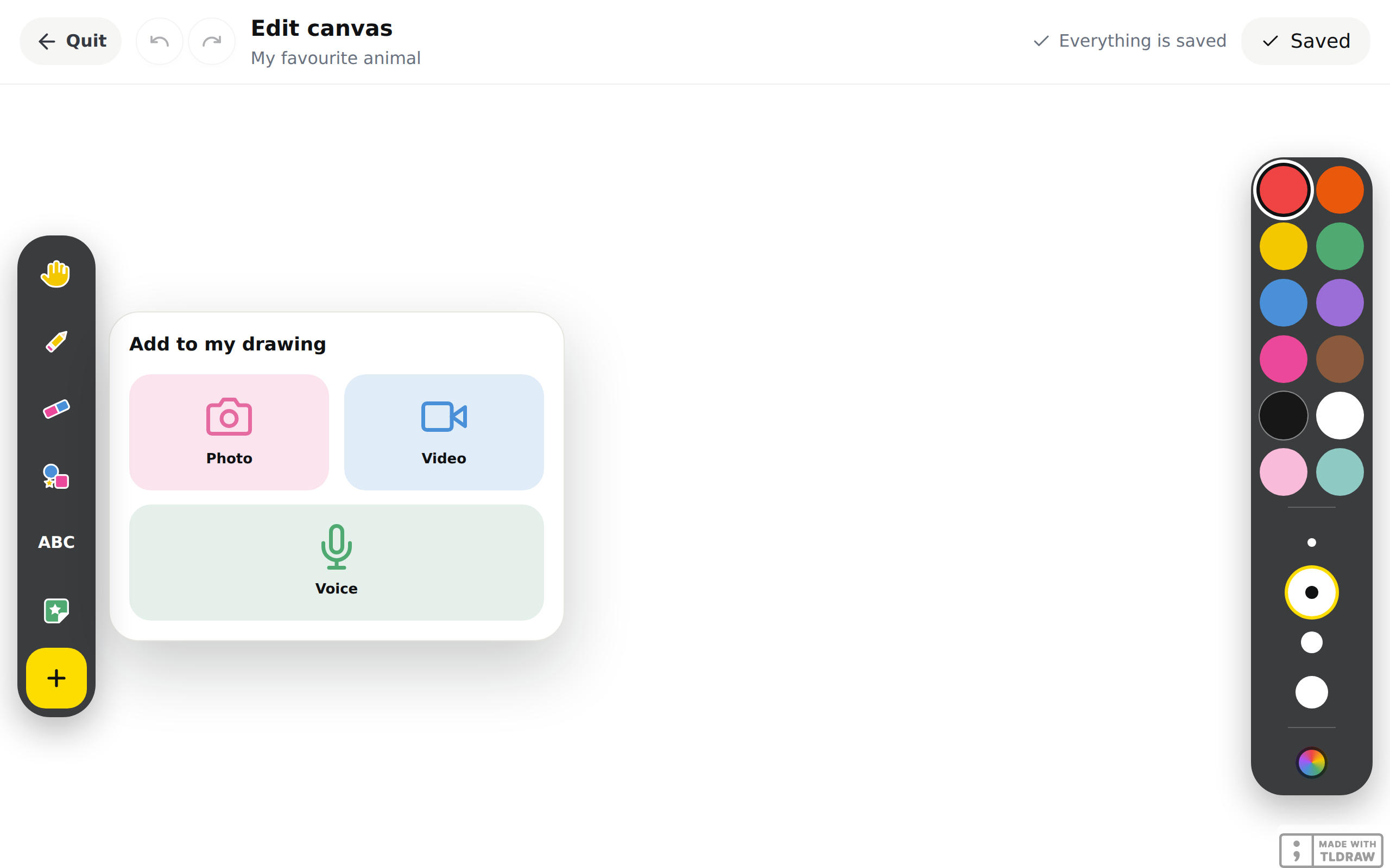 The "Edit canvas" editor with the "Add to my drawing" panel open beside the tool column: two tiles, "Photo" in pink and "Video" in blue, then "Voice" in green across the full width. The "Add" button, a yellow plus sign, is at the bottom of the tool column.