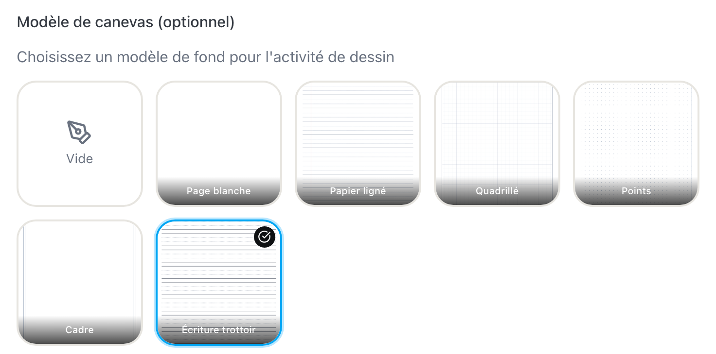 Sous « Modèle de canevas (optionnel) » et la phrase « Choisissez un modèle de fond pour l'activité de dessin », sept tuiles : « Vide », « Page blanche », « Papier ligné », « Quadrillé », « Points », puis « Cadre » et « Écriture trottoir ». La tuile « Écriture trottoir » est entourée de bleu, avec une coche dans son coin, et montre les bandes de lignes pointillées et pleines qui se suivent jusqu'en bas.