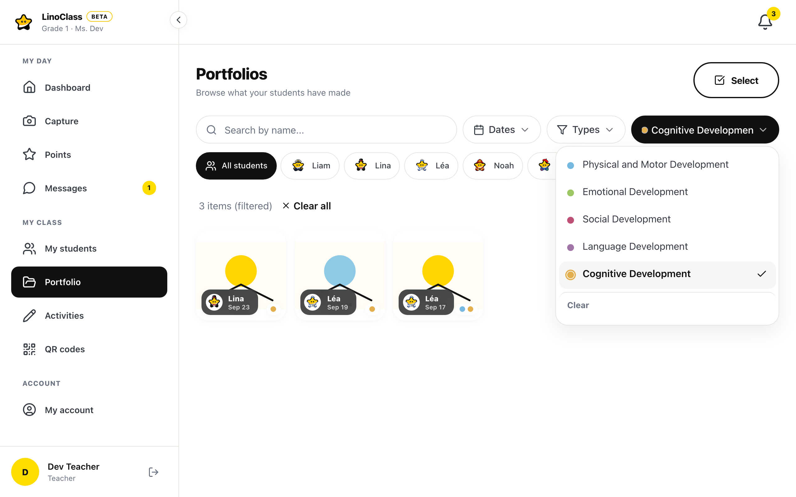 The "Portfolios" page filtered on one domain: the "Domains" list open with "Cognitive Development" ticked and "Clear" at the bottom, the pill showing the domain's name, the line "3 items (filtered)" with "Clear all", and three drawings marked with an orange dot
