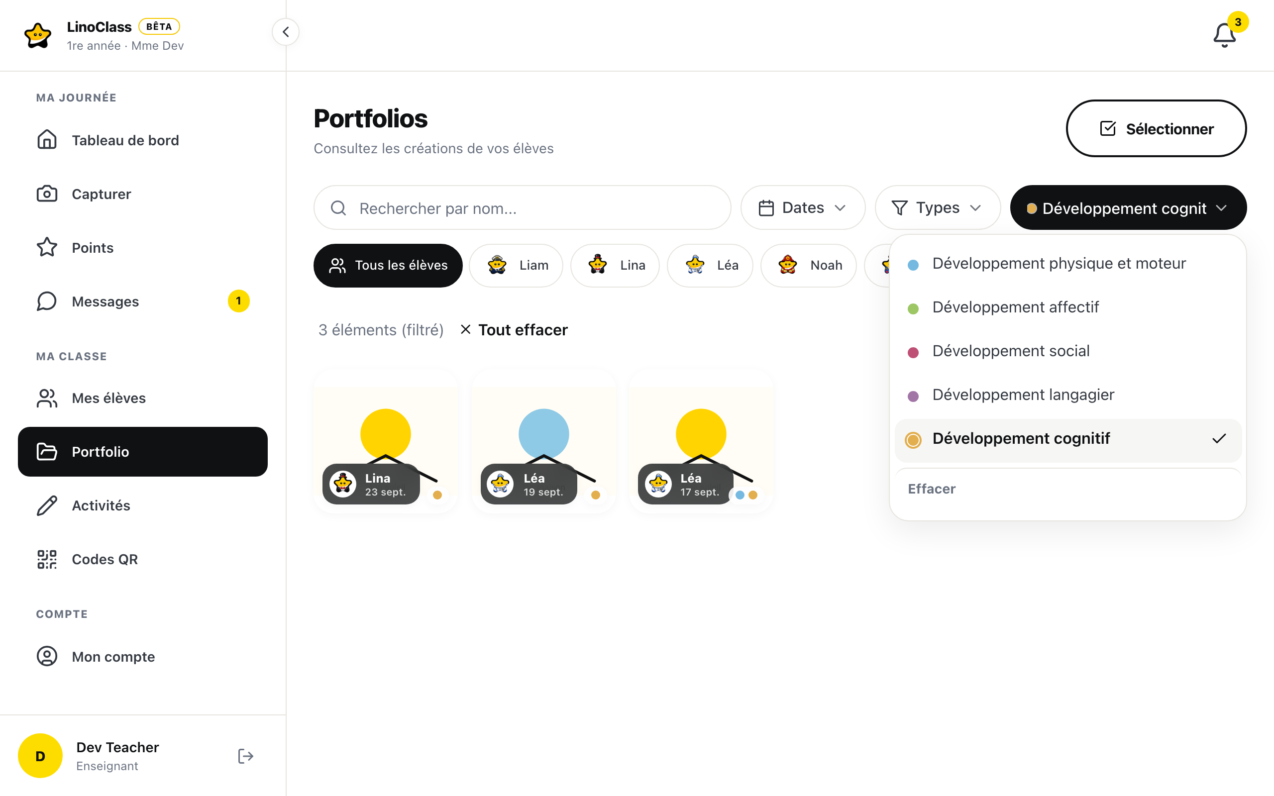 La page « Portfolios » filtrée sur un domaine : la liste « Domaines » ouverte avec « Développement cognitif » coché et « Effacer » au bas, la pastille qui porte le nom du domaine, la ligne « 3 éléments (filtré) » avec « Tout effacer », et trois dessins marqués d'un point orange