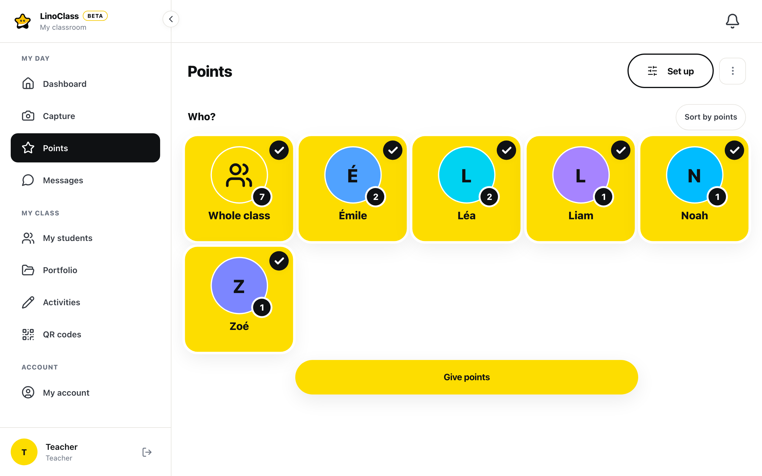 The "Points" page with the "Whole class" tile, the screen to be on to see the "Give points" button appear