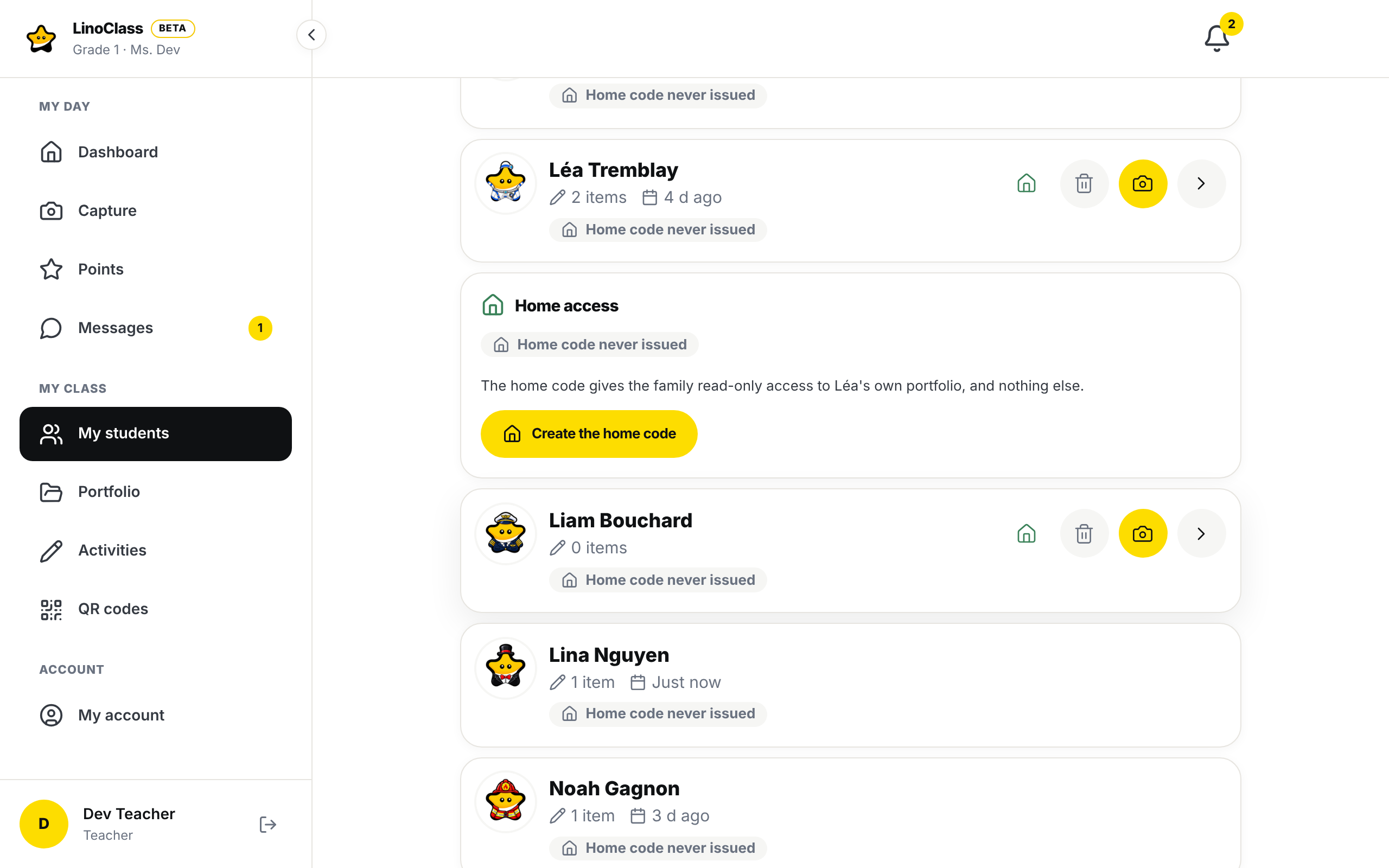 The "My students" list. Under each name, a "Home code never issued" badge. Under the row of Léa Tremblay, the "Home access" panel is open, with its badge, the sentence about read-only access and the yellow "Create the home code" button.