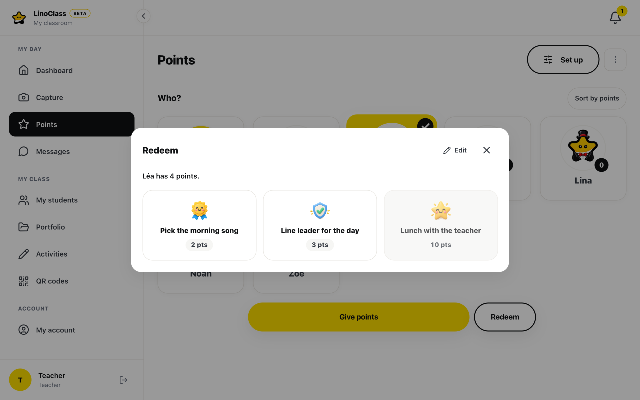 The "Redeem" window open on the "Points" page: "Léa has 4 points.", then three privilege cards, "Pick the morning song" at 2 pts and "Line leader for the day" at 3 pts, active, and "Lunch with the teacher" at 10 pts, greyed out