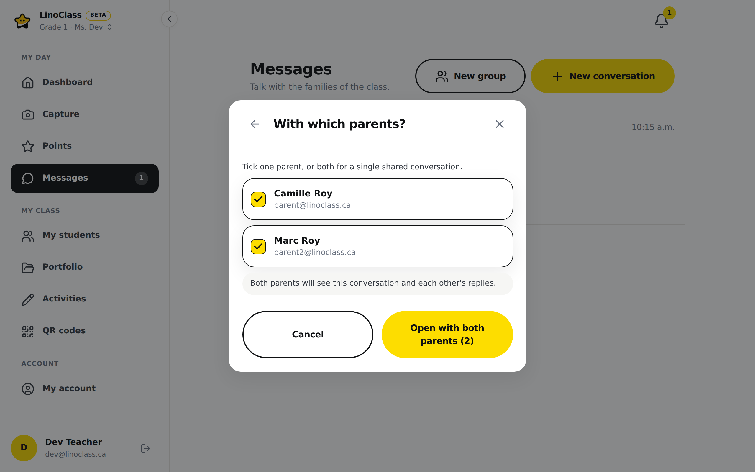 The "With which parents?" window on a computer, with the child's two parents ticked, Camille Roy and Marc Roy. Below them, the sentence "Both parents will see this conversation and each other's replies.", then a white "Cancel" button and a yellow "Open with both parents (2)" button.