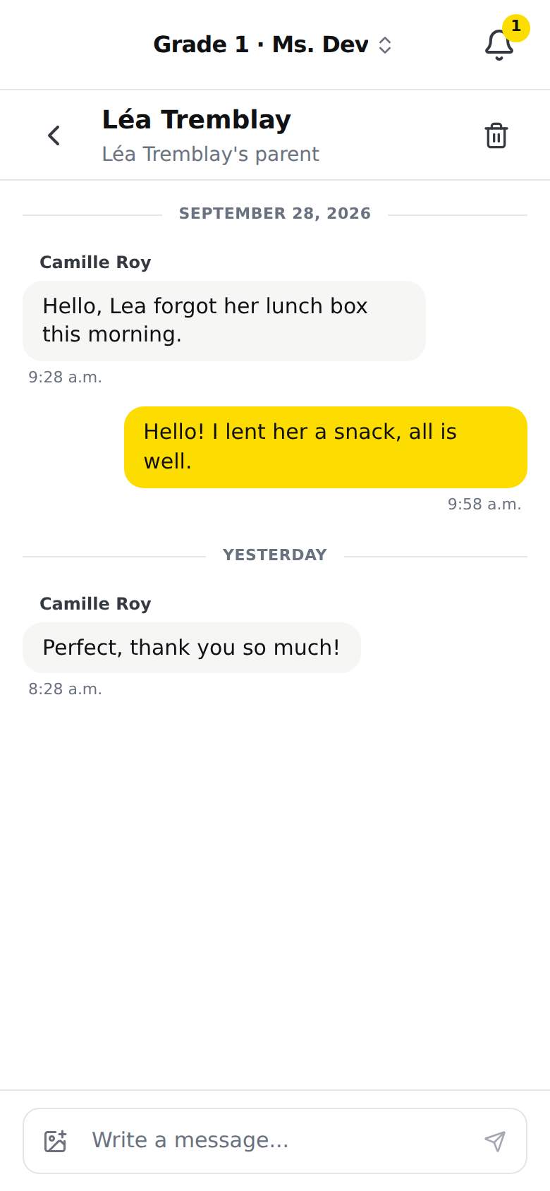 A conversation open on a phone. At the top, the back arrow, "Léa Tremblay" and "Léa Tremblay's parent". Below, three messages: two grey bubbles from Camille Roy and one yellow bubble from the teacher. At the very bottom, the "Write a message..." box with its send arrow, and no tab bar under it.