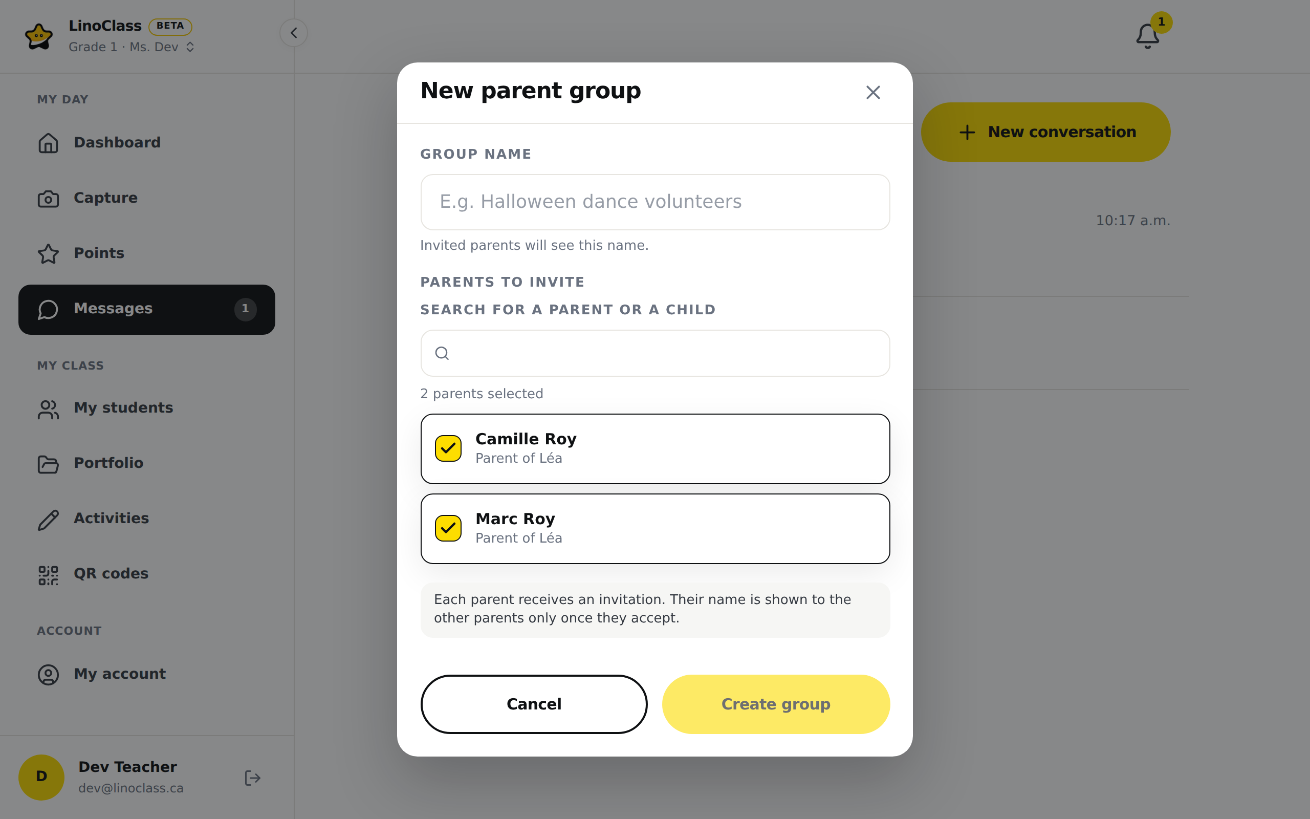 The "New parent group" window on a computer. The "Group name" field is empty. Under "Parents to invite", Camille Roy and Marc Roy are ticked, each with "Parent of Léa". A sentence explains the invitation, then come the "Cancel" button and the pale yellow "Create group" button.