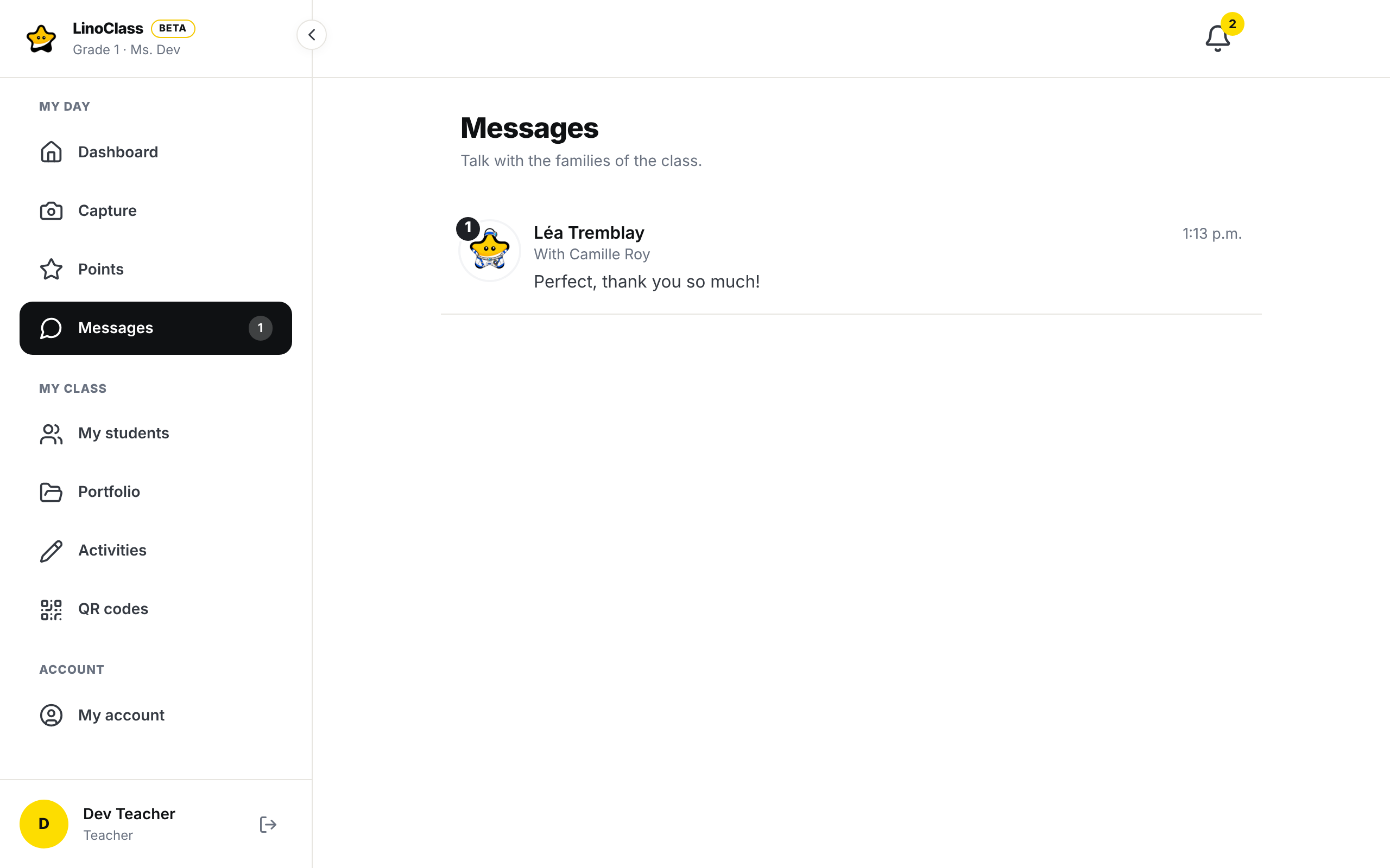 The "Messages" page on a computer, with one conversation in the list: Léa Tremblay's picture with a badge reading 1, her name, the line With Camille Roy, the start of the last message and its time.