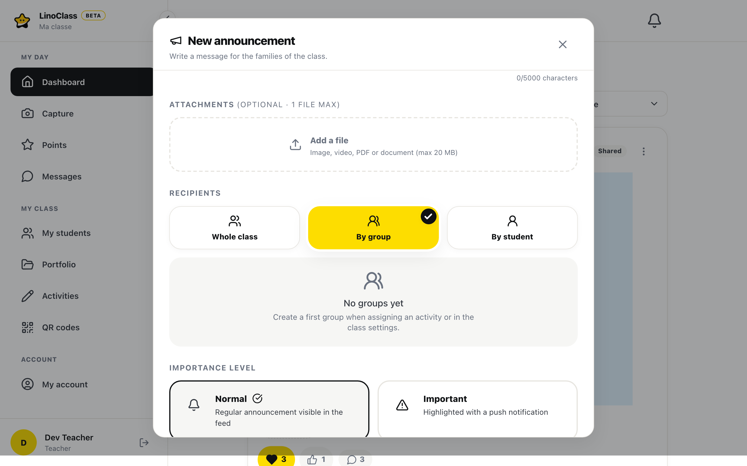 The “New announcement” window with “By group” in yellow under “Recipients”. Below it, the message “No groups yet” replaces the group cards.