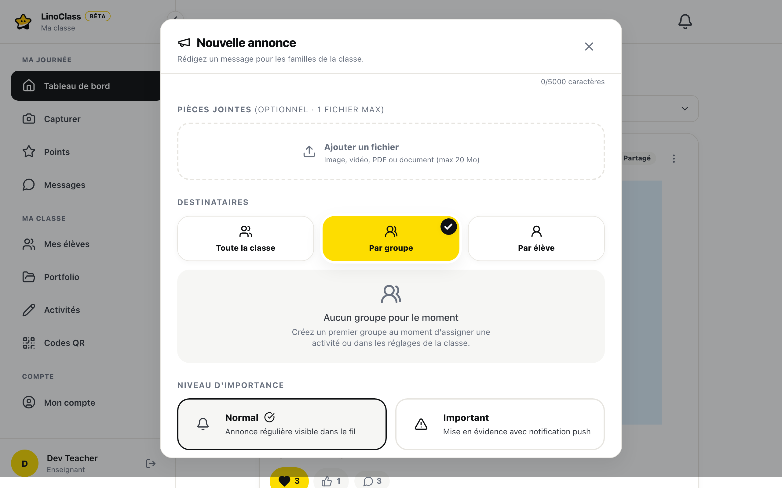 La fenêtre « Nouvelle annonce » avec « Par groupe » en jaune sous « Destinataires ». Dessous, le message « Aucun groupe pour le moment » remplace les cartes de groupes.