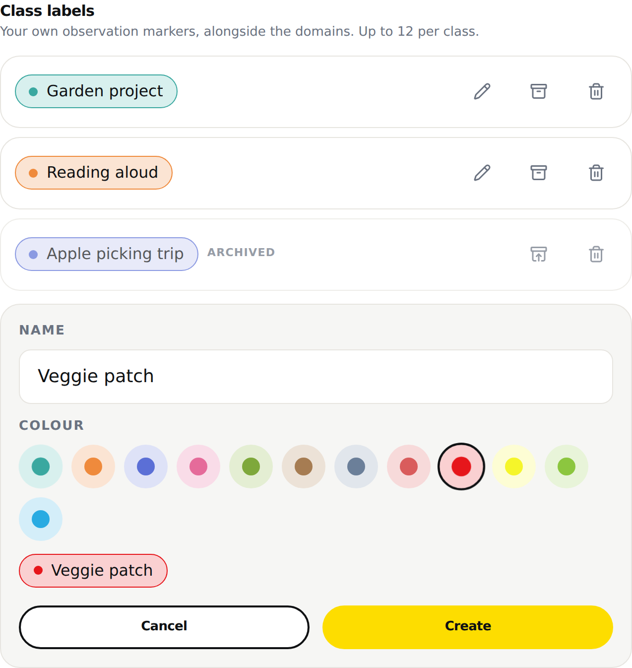 "Class labels" under "Level and domains": the "Add a label" form with the "Name" field filled with "Veggie patch", the palette of 12 swatches with the red one ringed, and below it the red preview of the label, then "Cancel" and "Create".