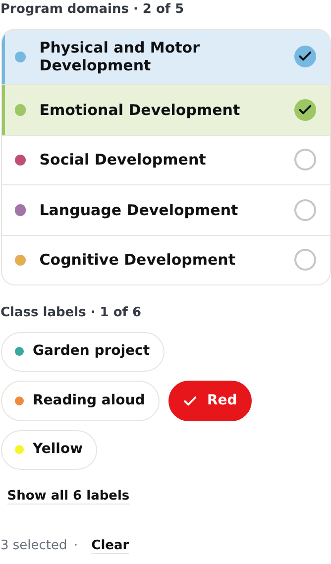 The picker on the page of a piece of work: five domain rows with "Physical and Motor Development" and "Emotional Development" ticked, four label chips with "Red" filled in red with a white check, the "Show all 6 labels" link, then the "3 selected" line with "Clear".