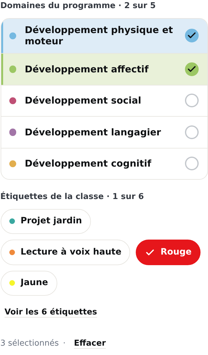 Le sélecteur sur la page d'un travail : cinq rangées de domaines dont « Développement physique et moteur » et « Développement affectif » cochées, quatre pastilles d'étiquettes dont « Rouge » remplie en rouge avec un crochet blanc, le lien « Voir les 6 étiquettes », puis la ligne « 3 sélectionnés » avec « Effacer ».