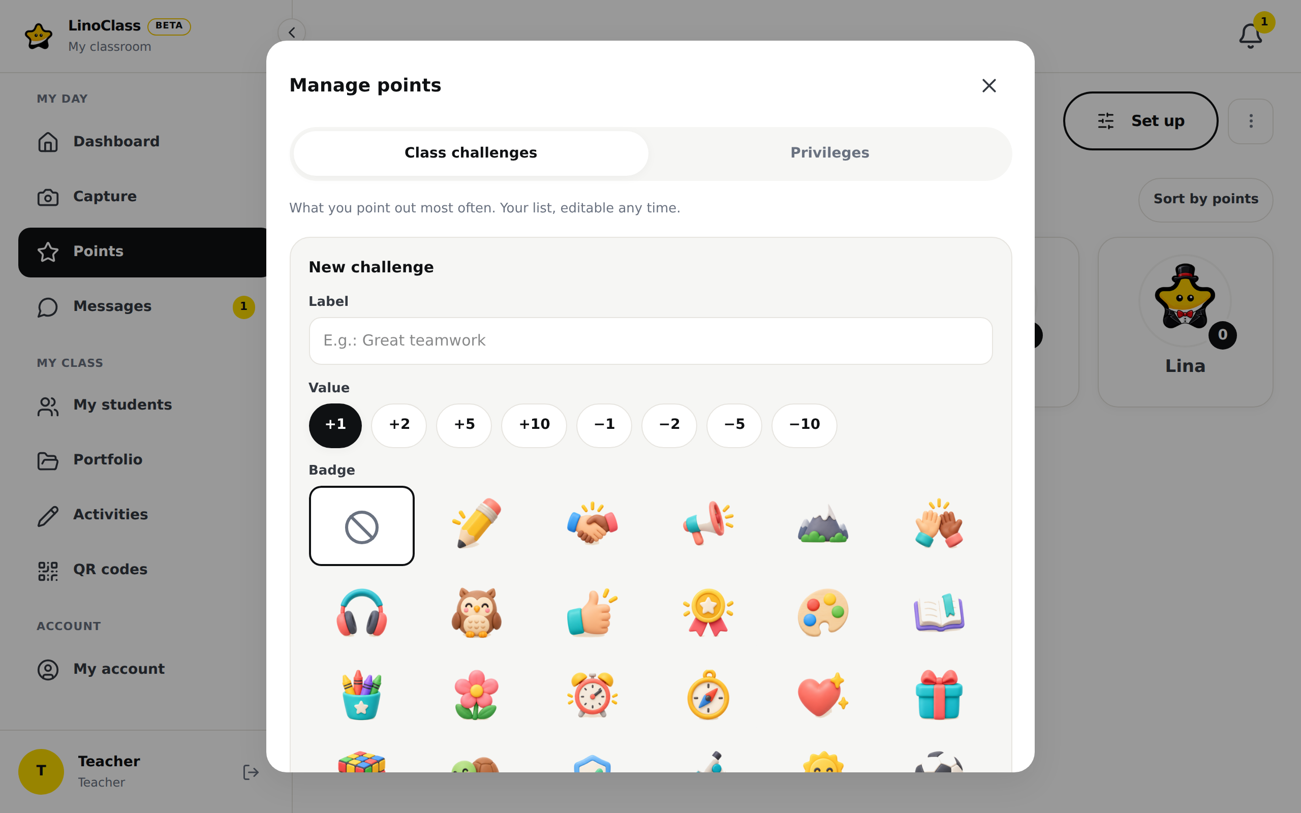 The "New challenge" form with the "Label" field, the values, then the "Badge" grid: six stickers per row, the first tile with the crossed circle