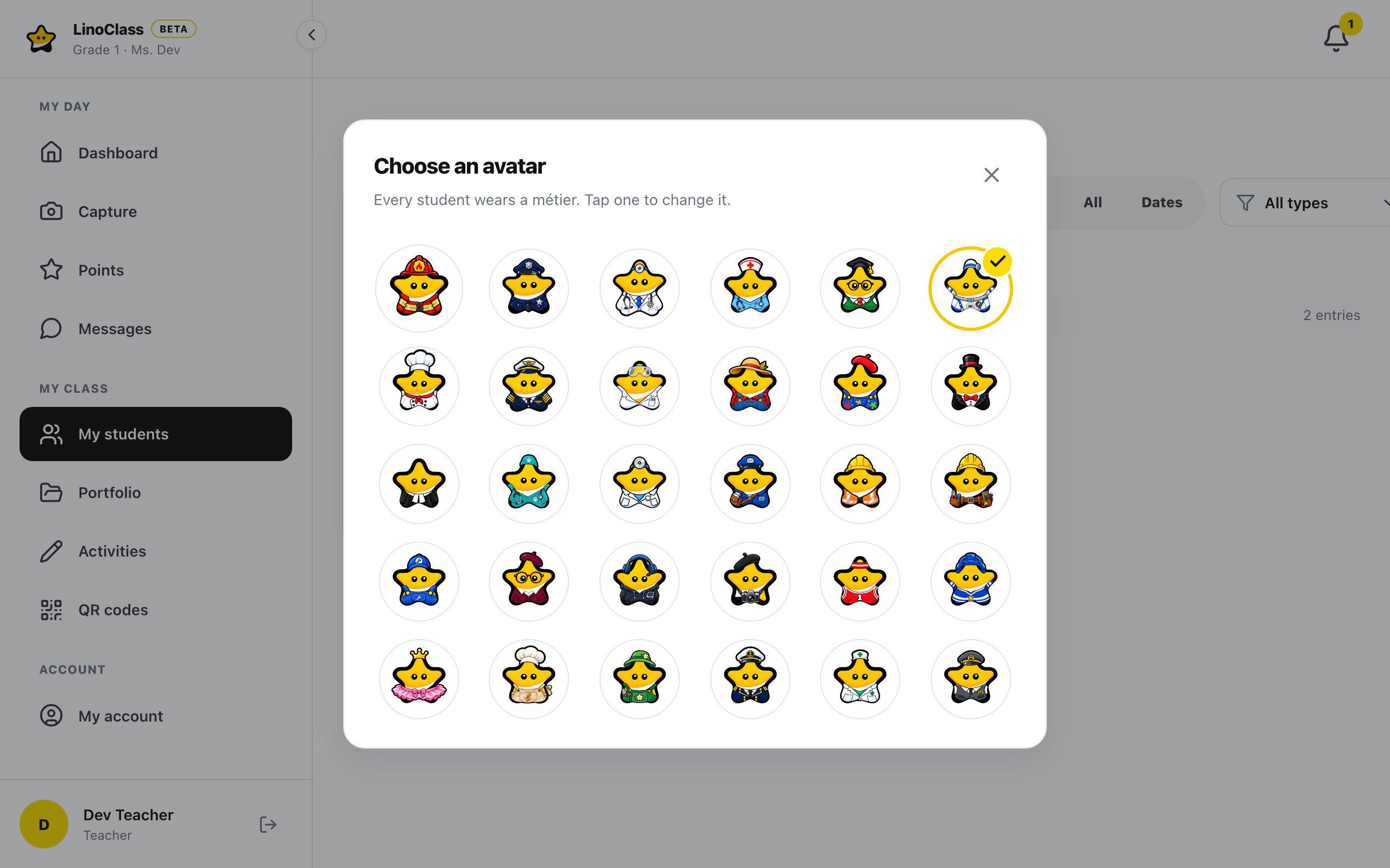 The "Choose an avatar" window open over a student's page, with the line "Every student wears a métier. Tap one to change it.", the grid of 30 métiers and a yellow check on the current one