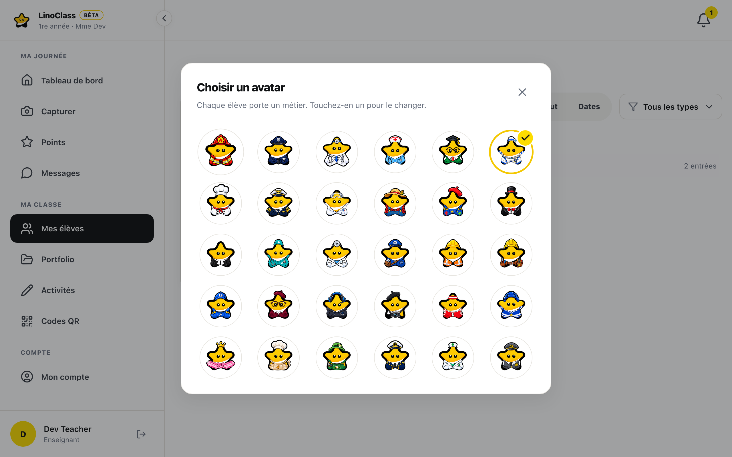 La fenêtre « Choisir un avatar » ouverte sur la fiche d'un élève, avec la phrase « Chaque élève porte un métier. Touchez-en un pour le changer. », la grille des 30 métiers et un crochet jaune sur le métier actuel