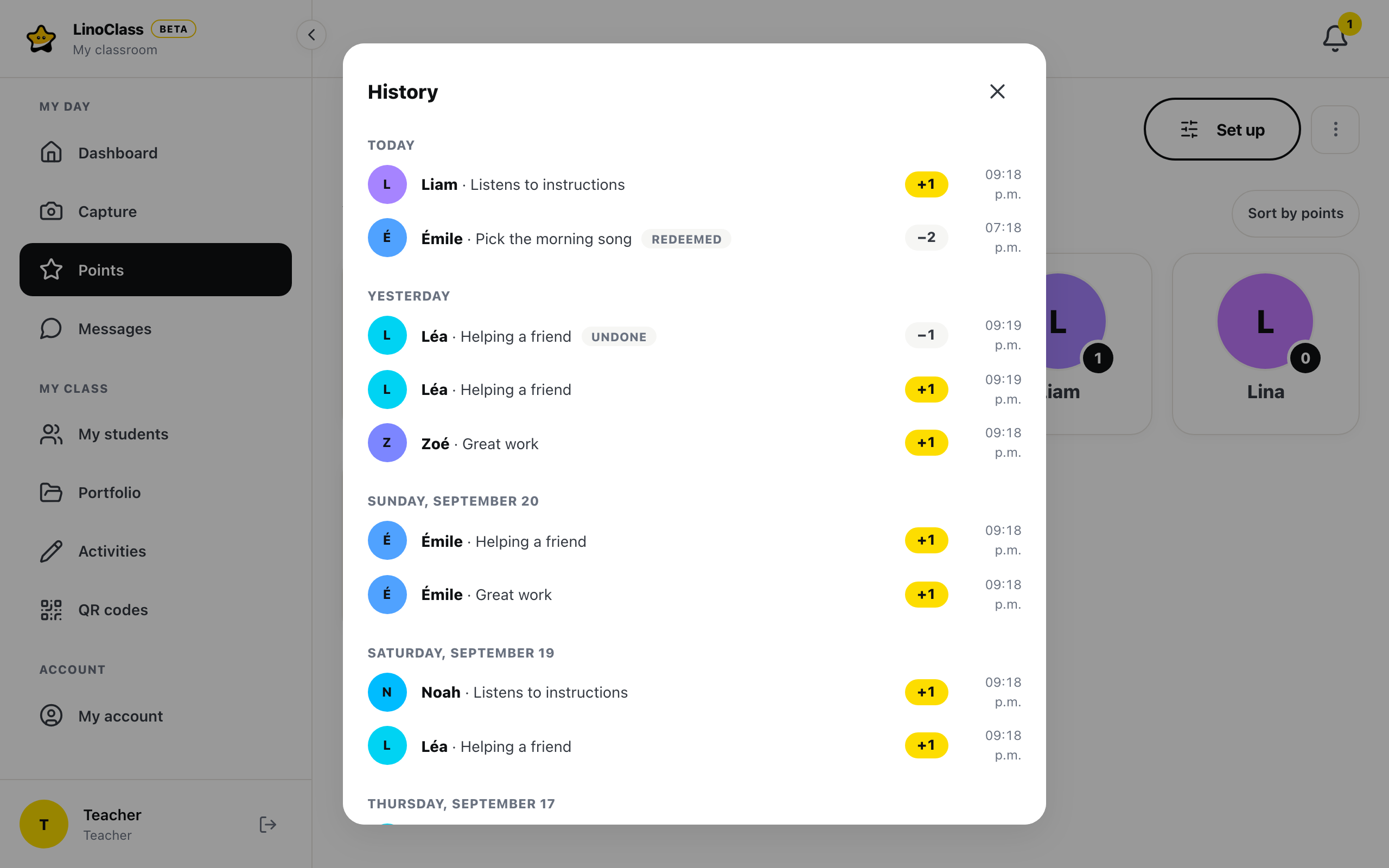 The "History" window open on the "Points" page: the "Today" group with a row marked "Redeemed" at −2, then the "Yesterday" group with a row marked "Undone" at −1 and, just below it, the point it takes back