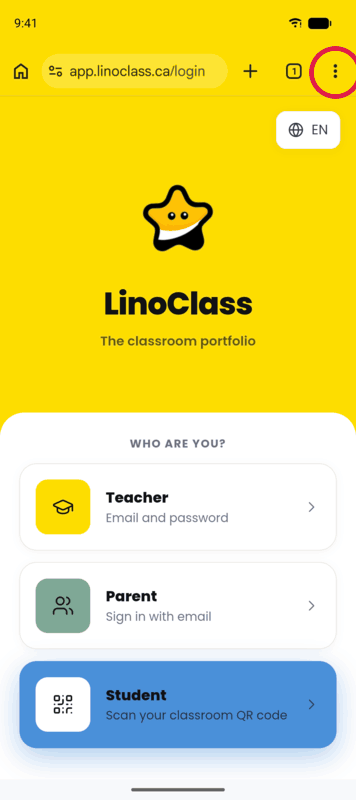 On an Android phone, in Chrome on app.linoclass.ca: the three-dot menu, Install and create shortcut, Install, Install again to confirm, Add to home screen, then the LinoClass icon on the home screen opening LinoClass full screen.