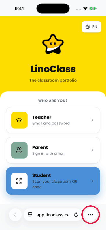 On an iPhone, in Safari on app.linoclass.ca: the three-dot menu, Share, the sheet swiped up, Add to Home Screen, Add, then the LinoClass icon on the home screen opening LinoClass full screen.