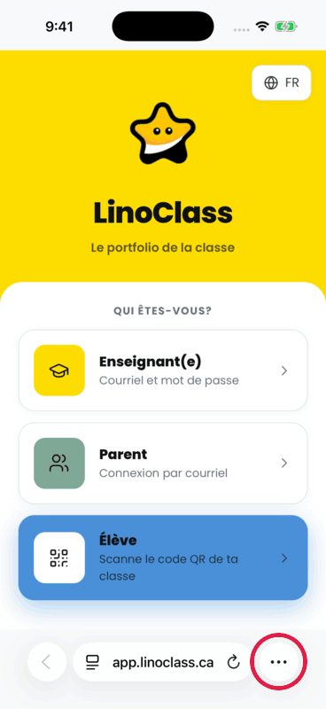Sur un iPhone, dans Safari sur app.linoclass.ca : le menu trois points, Partager, la fenêtre glissée vers le haut, Ajouter sur l'écran d'accueil, Ajouter, puis l'icône LinoClass sur l'écran d'accueil qui ouvre LinoClass en plein écran.
