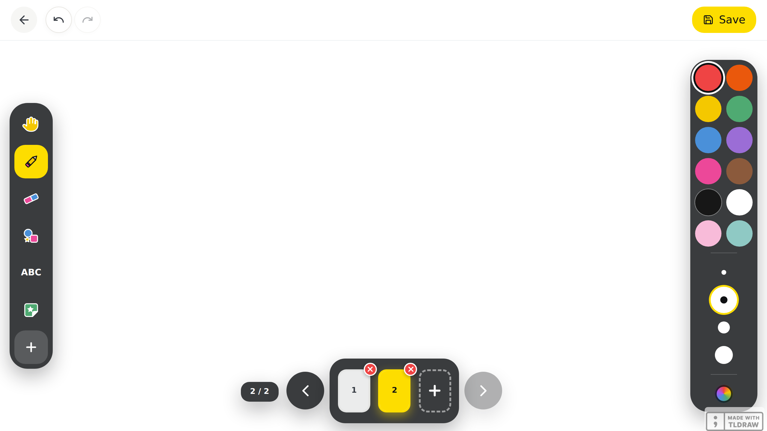 The canvas of a free drawing on the Pro plan, with two pages: at the bottom of the sheet, the page strip shows tiles 1 and 2, page 2 in yellow because it is the current page, the counter "2 / 2" on the left and the dashed "Add a page" slot last.