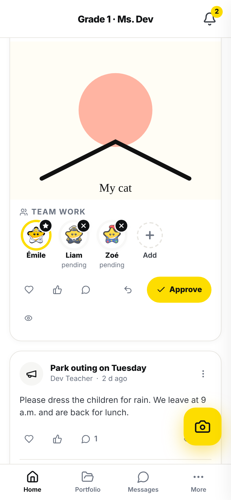 On a phone, the bottom of a drawing's card waiting for your go-ahead: the heart, the thumbs up and the speech bubble on the left, the send-back arrow and the yellow "Approve" button on the right, and the eye wrapped onto a second line