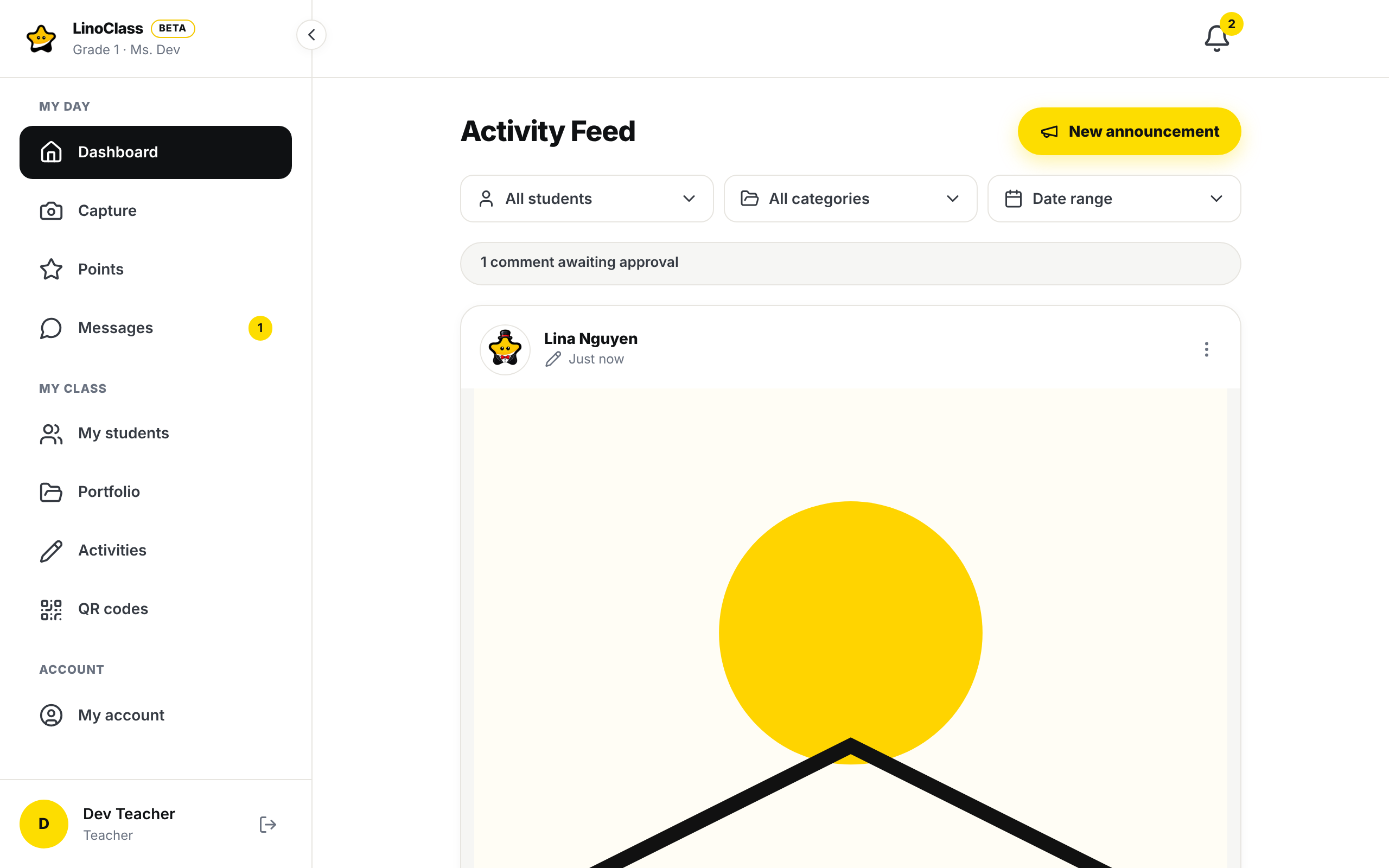 The activity feed on a computer: the title "Activity Feed", the yellow "New announcement" button, the three filters "All students", "All categories" and "Date range", then the card of a drawing: Lina Nguyen's name in bold and, on the grey line, a pencil and "Just now"