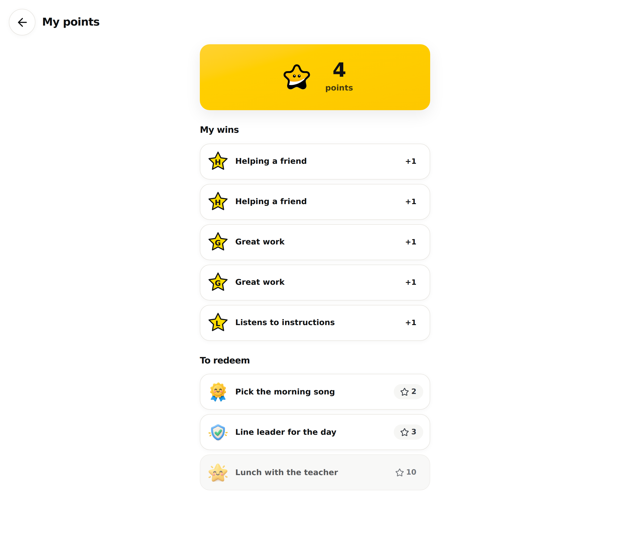 Lea's "My points" page: a yellow box with 4 points, five lines under "My wins" with their sticker and +1, then under "To redeem" two privileges at 2 and 3 stars and "Lunch with the teacher" at 10, greyed out