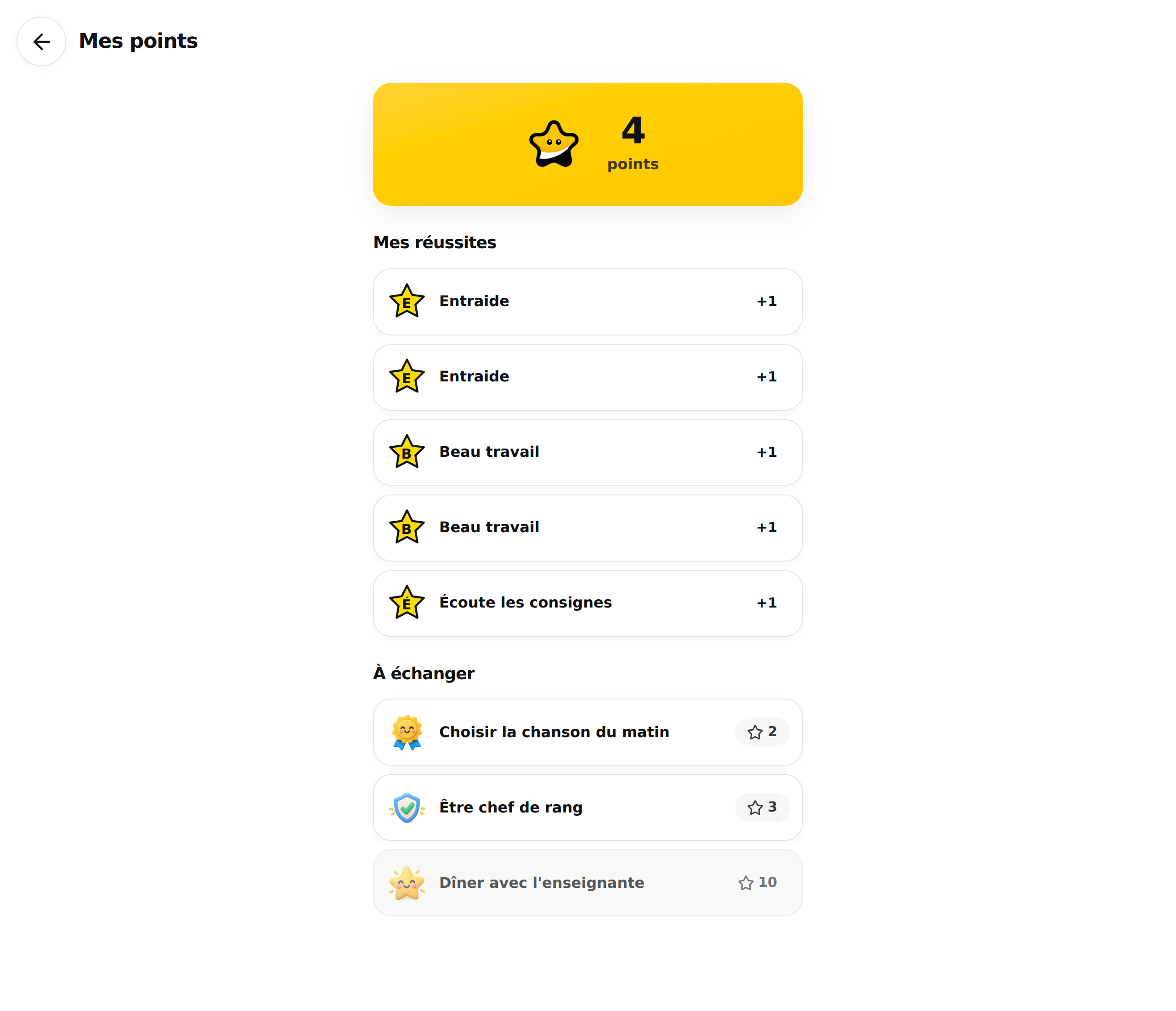 La page « Mes points » de Léa : un encadré jaune avec 4 points, cinq lignes sous « Mes réussites » avec leur autocollant et +1, puis sous « À échanger » deux privilèges à 2 et 3 étoiles et « Dîner avec l'enseignante » à 10, grisé