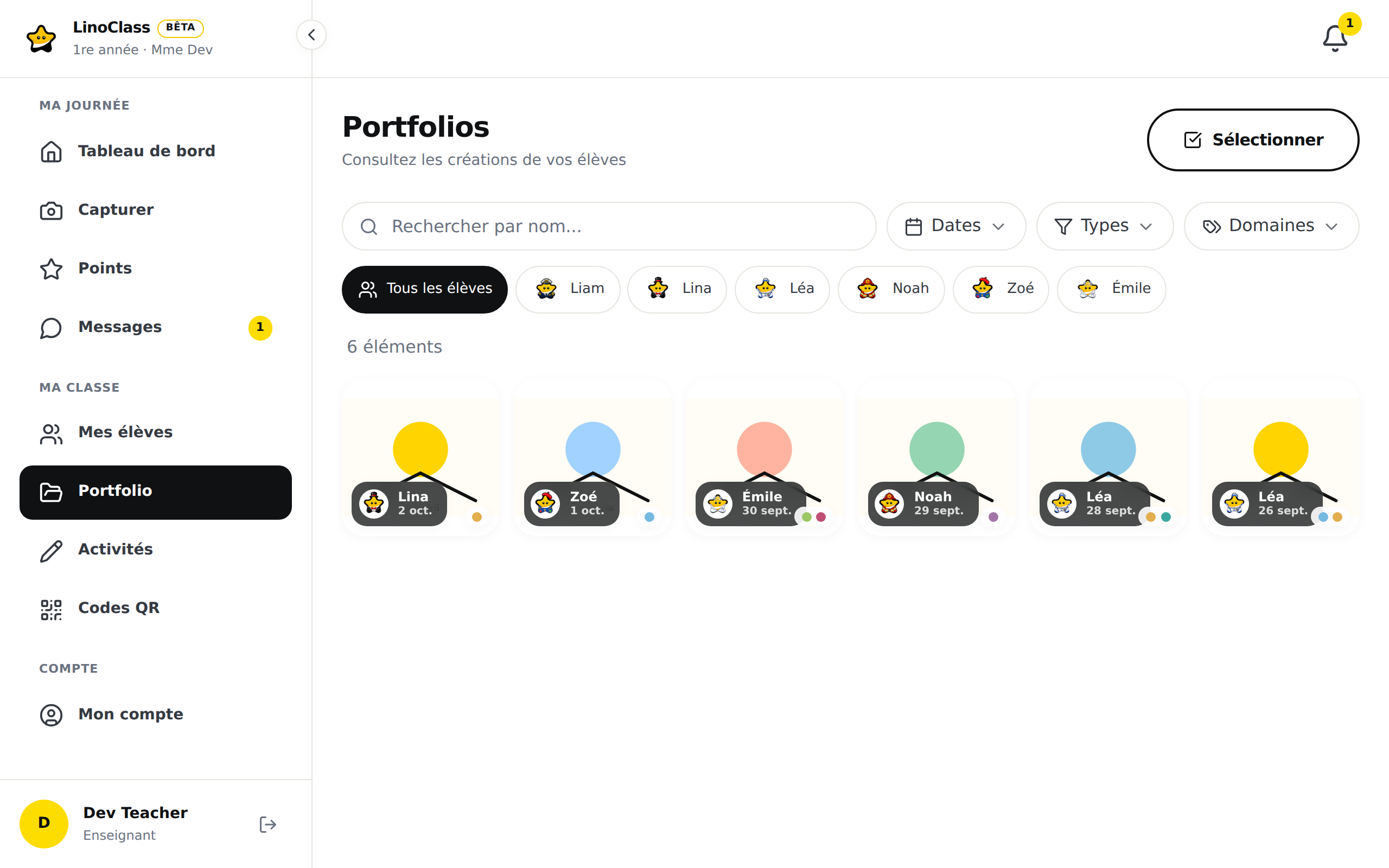 La page « Portfolios » : six tuiles de dessins, chacune avec une pastille sombre dans son coin inférieur gauche portant la photo de l'enfant, son prénom et la date.