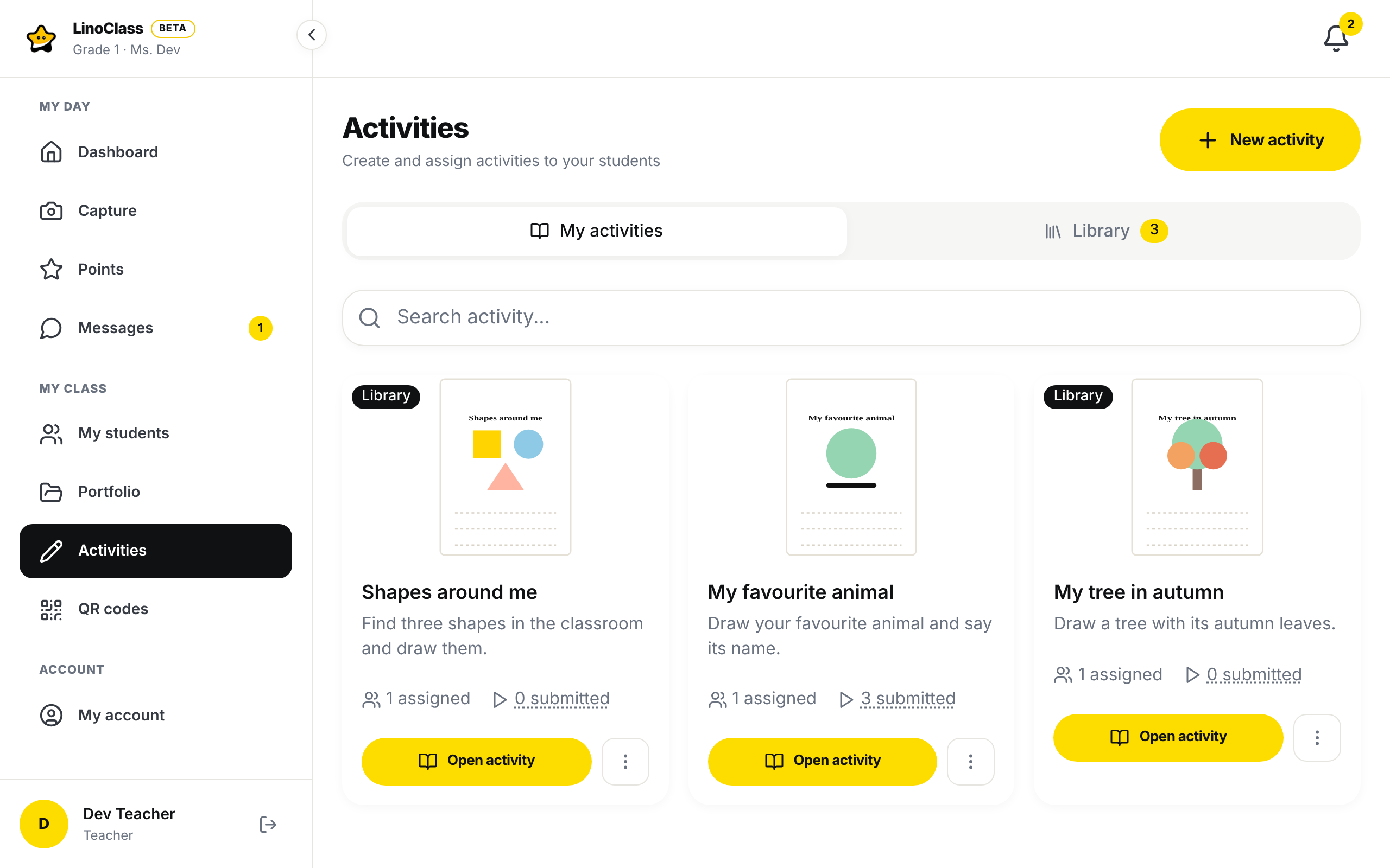 The "Activities" page on a computer, with the "My activities" tab open and the "Library" tab carrying the number 3. Three activity cards; two carry the "Library" badge in their corner.