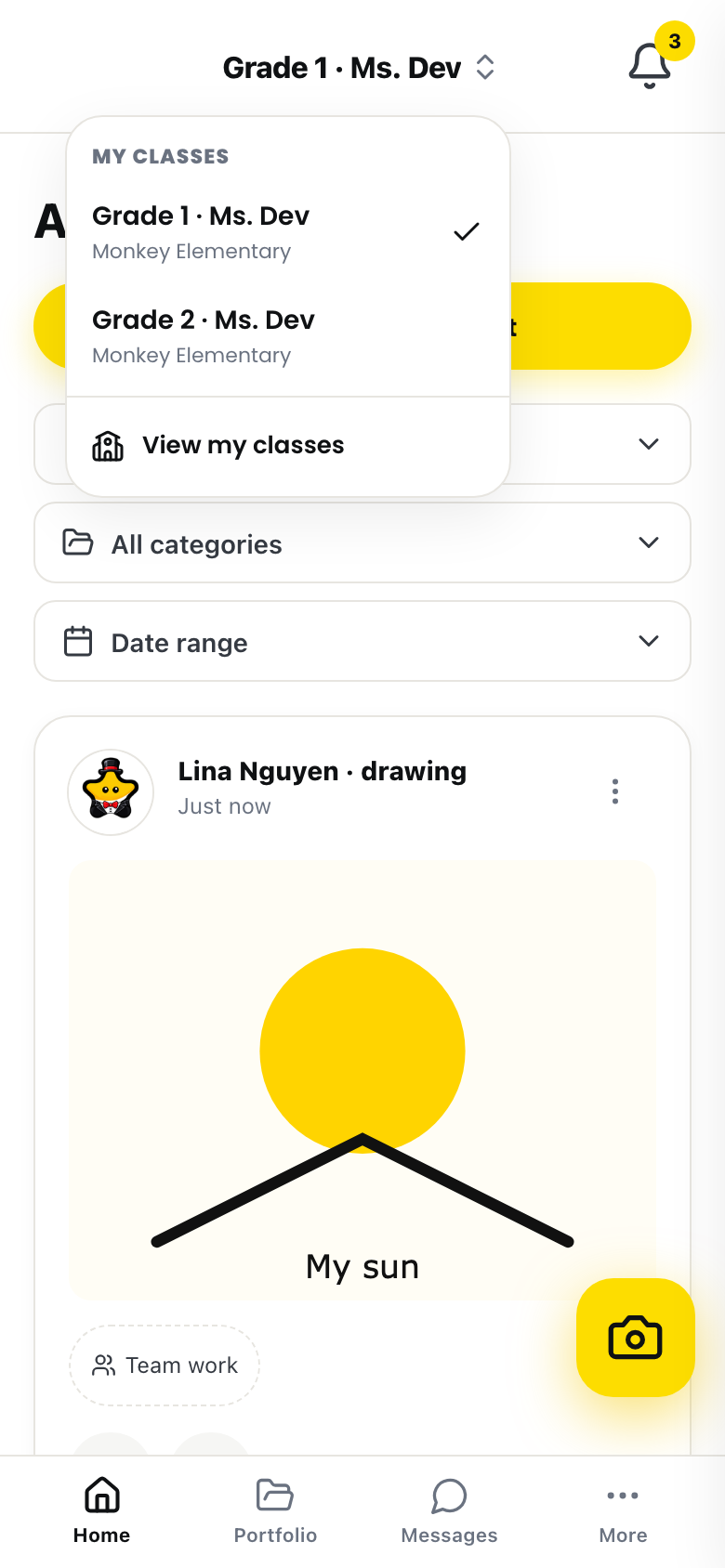 On a phone, the class name in the middle of the top bar, with its double chevron, has opened the "My classes" menu: "Grade 1 · Ms. Dev" ticked and "Grade 2 · Ms. Dev", each with "Monkey Elementary", then "View my classes"