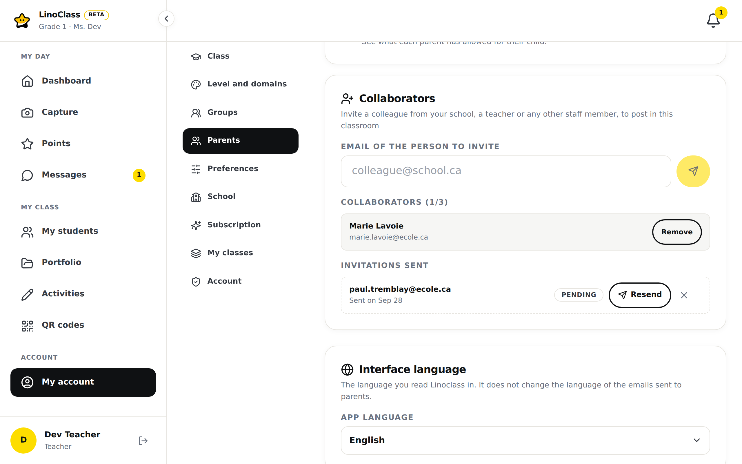 The "Collaborators" card in "My account", "Parents" section: the email field for the person to invite, colleague Marie Lavoie with her "Remove" button, and under "Invitations sent" one "Pending" invitation with the "Resend" and cancel buttons.