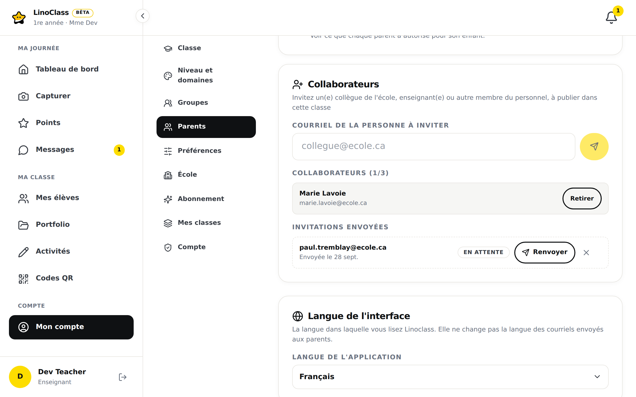 La carte « Collaborateurs » dans « Mon compte », section « Parents » : le champ du courriel à inviter, la collègue Marie Lavoie avec son bouton « Retirer », et sous « Invitations envoyées » une invitation « En attente » avec les boutons « Renvoyer » et de retrait.