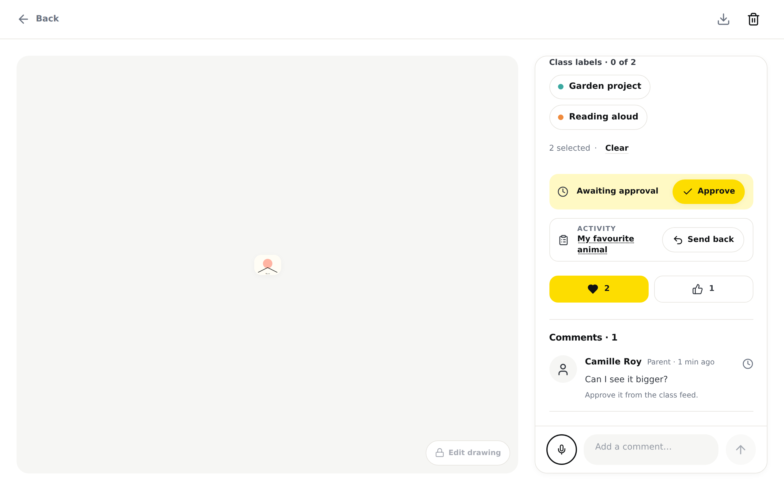 A work's page for the teacher. In the right panel, under the yellow band that reads Awaiting approval, the yellow heart with its count and the thumbs up with its own, above the Comments header.