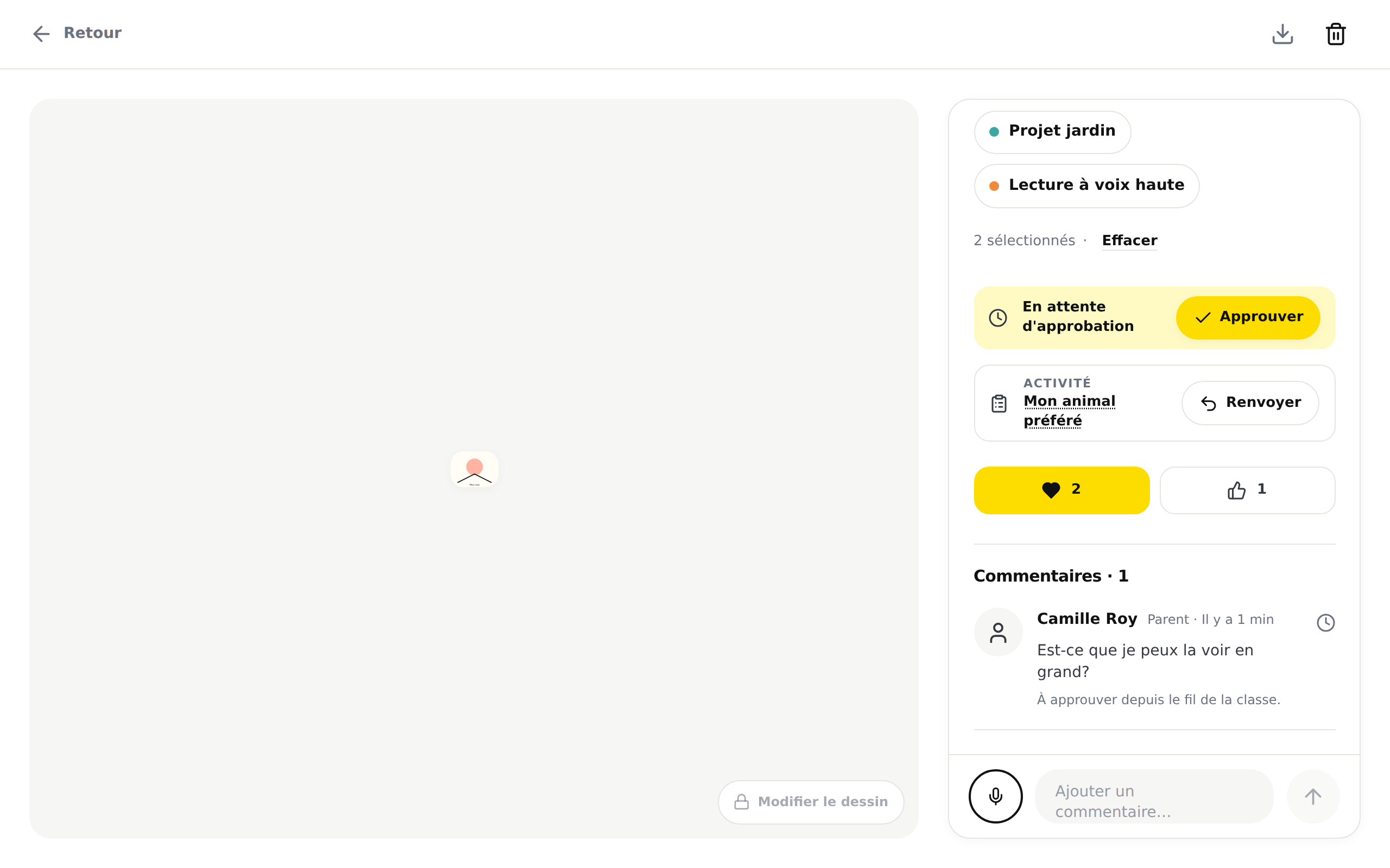 La page d'un travail chez l'enseignante. Dans le panneau de droite, sous la bande jaune « En attente d'approbation », le cœur jaune avec son compte et le pouce en l'air avec le sien, au-dessus de l'en-tête « Commentaires ».