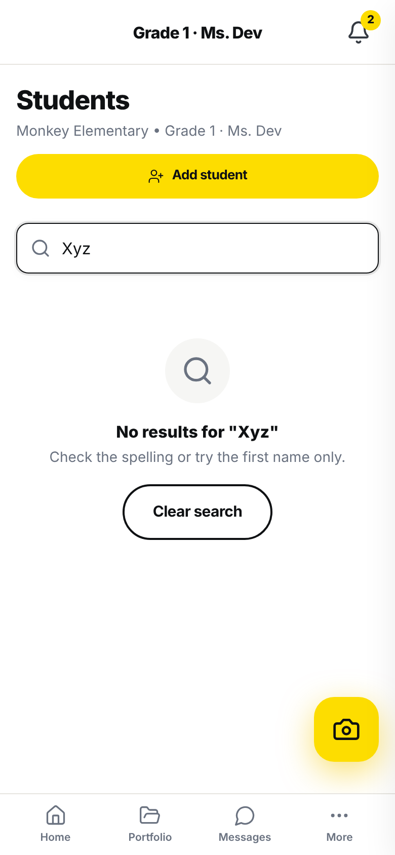 The Students page on a phone, with "Xyz" in the search field. In place of the list, a magnifying glass, the message that no name matches Xyz, the hint to check the spelling and the Clear search button