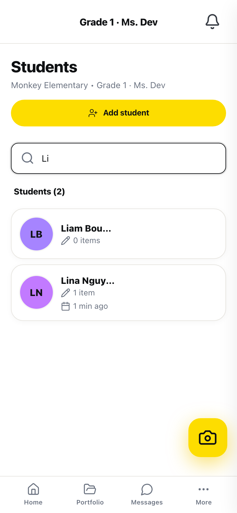 The Students page on a phone, with "Li" typed in the Search student field and the list shortened to the matching students