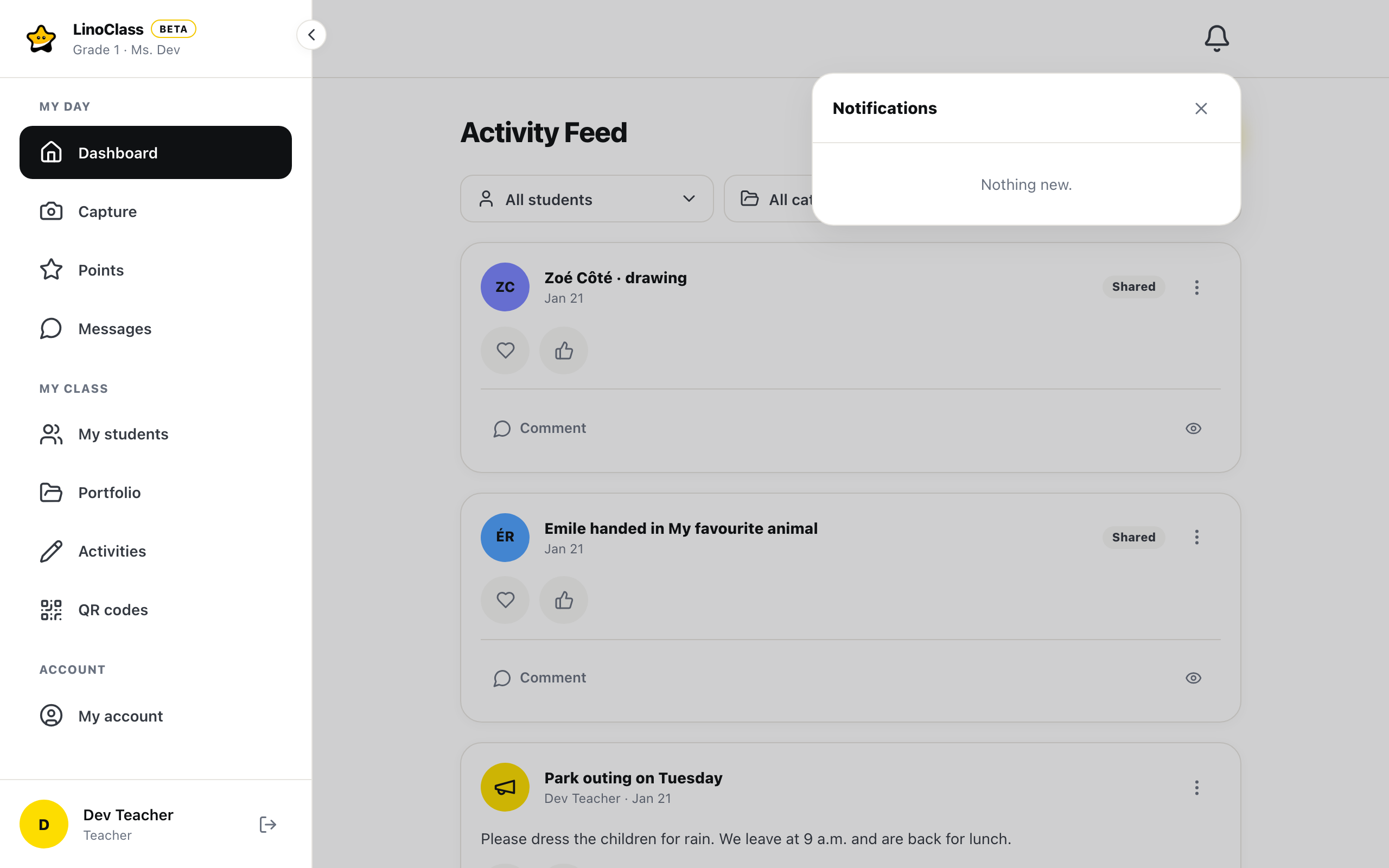The notifications panel open under the bell, in the top bar of the activity feed.