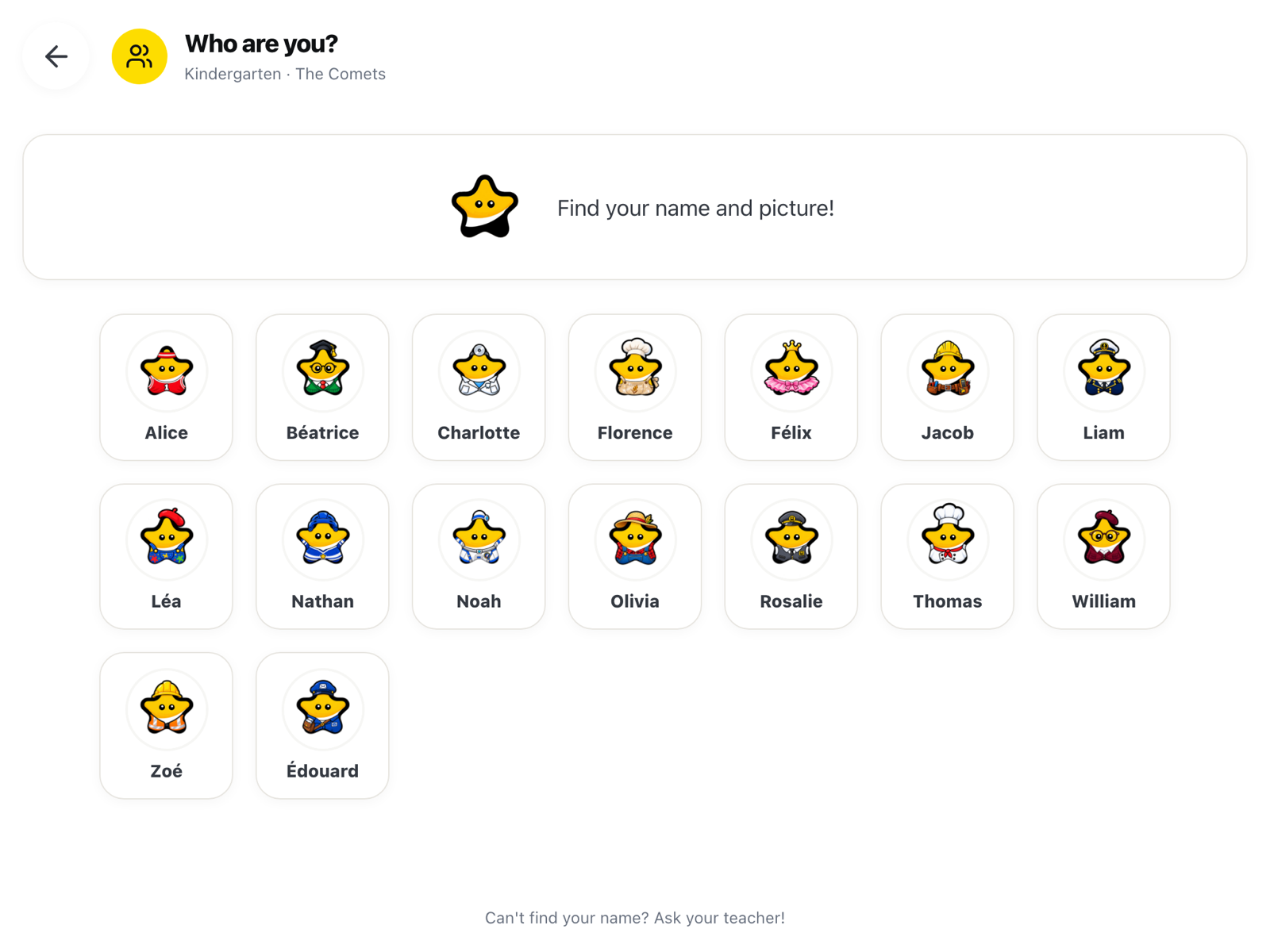 The Who are you? screen: the class name at the top, then one tile per student with their name and star avatar.