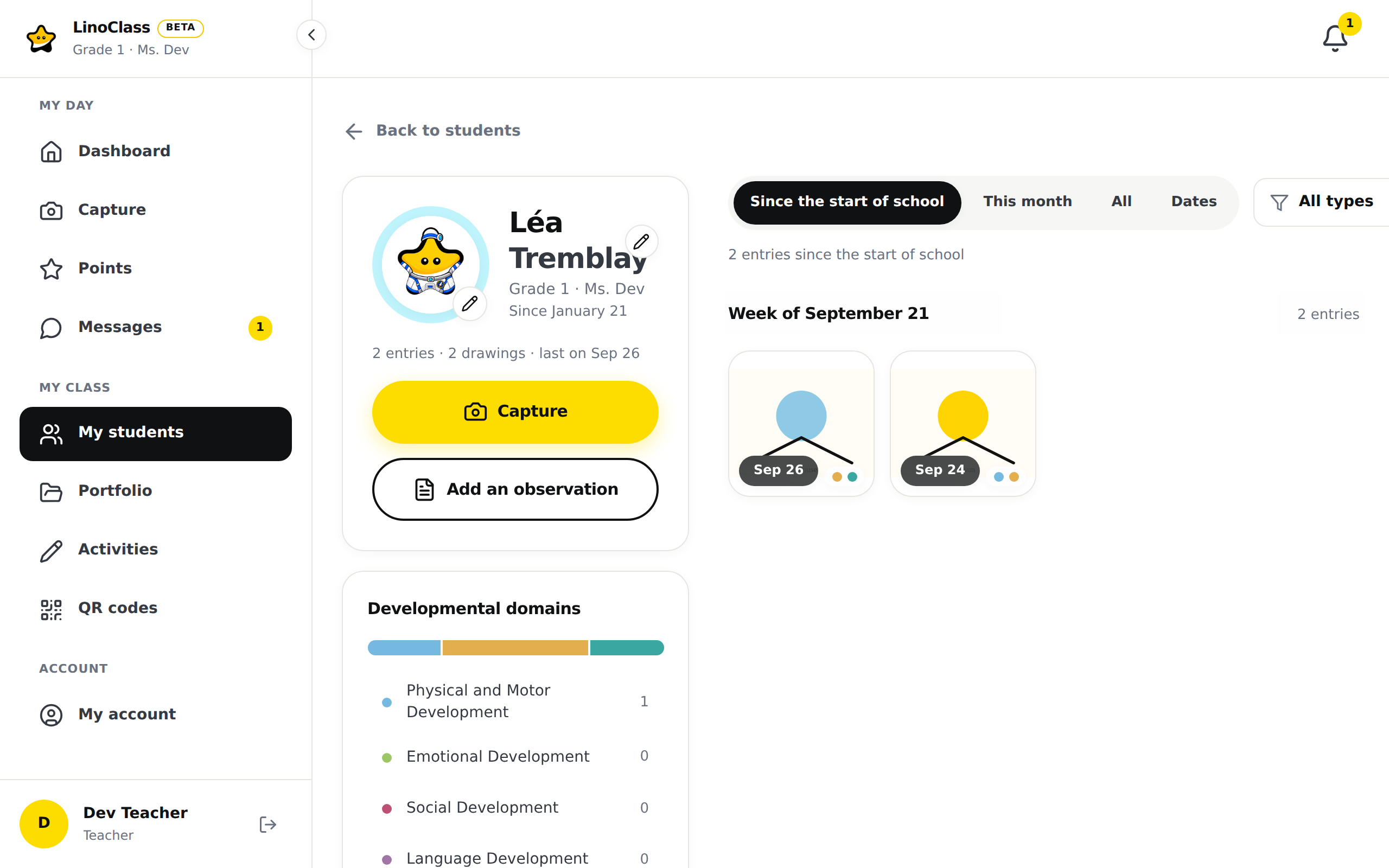 A student's page on a computer: on the left, the child's card with "Capture" and "Add an observation", then the "Developmental domains" card with its coloured bar; on the right, the "Since the start of school" filter line and the "Week of September 21" group with two tiles.