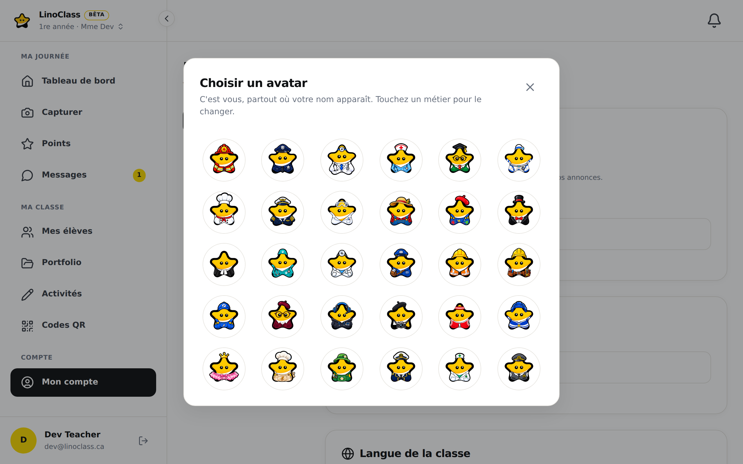La fenêtre « Choisir un avatar » ouverte sur un ordinateur, avec la grille des 30 métiers.