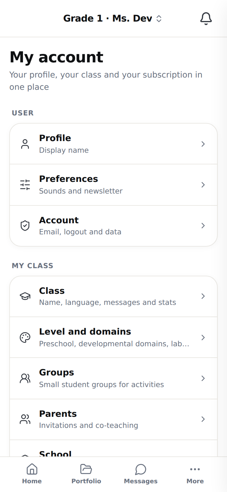 The 'My account' index on a phone, with the groups 'User' and 'My class'.