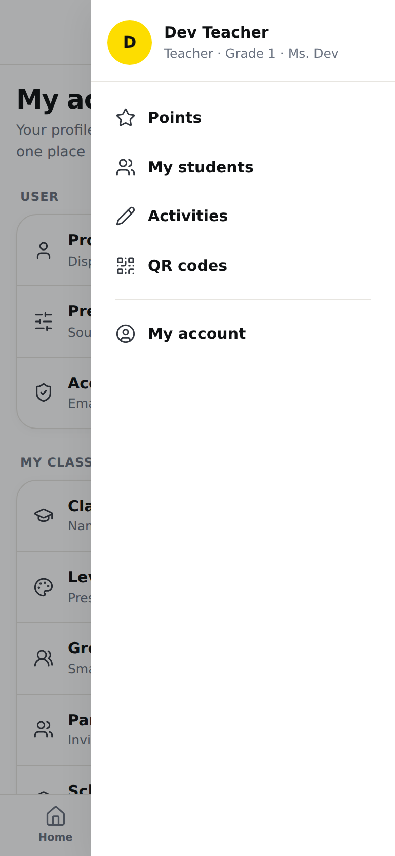 The 'More' panel open on a phone, with 'Points', 'My students', 'Activities', 'QR codes', then 'My account' under a line.